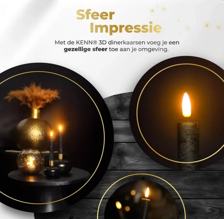 A black S2 3D Flame LED Taper Candle standing upright, showing its realistic flickering light effect and 18cm taper shape.