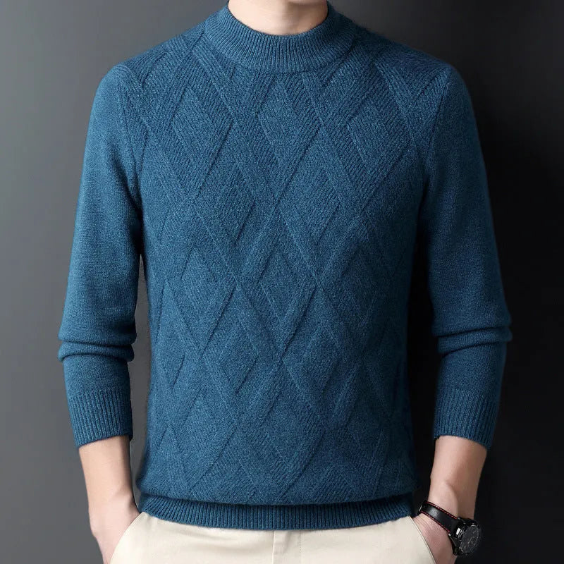 Men's diamond jacquard winter sweater in a wool blend, shown in light camel colour.