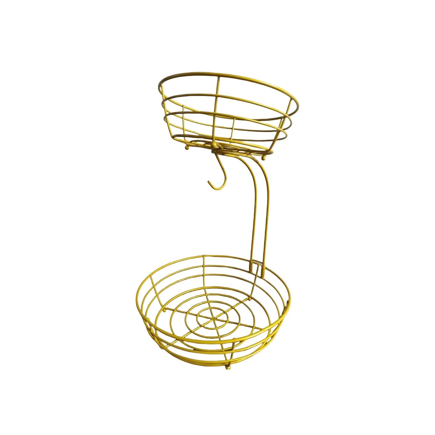 Black double-layer wrought iron fruit basket with two storage tiers for organising fruits and vegetables.
