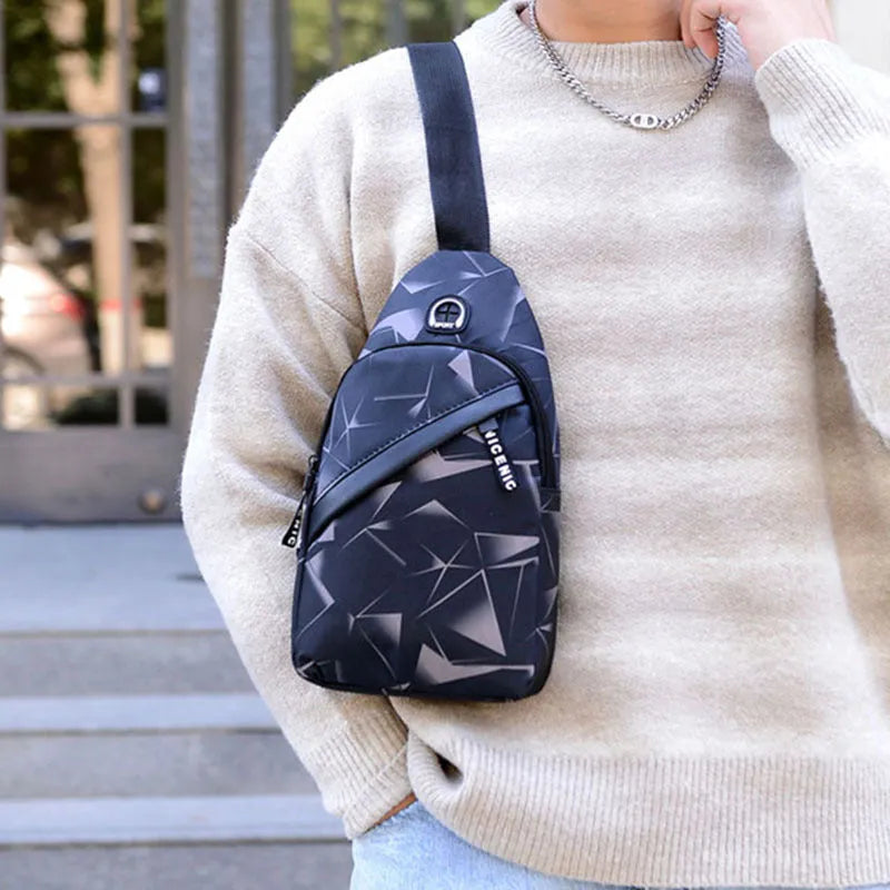 Oxford cloth men's crossbody sling bag with earphone hole and zipper closure