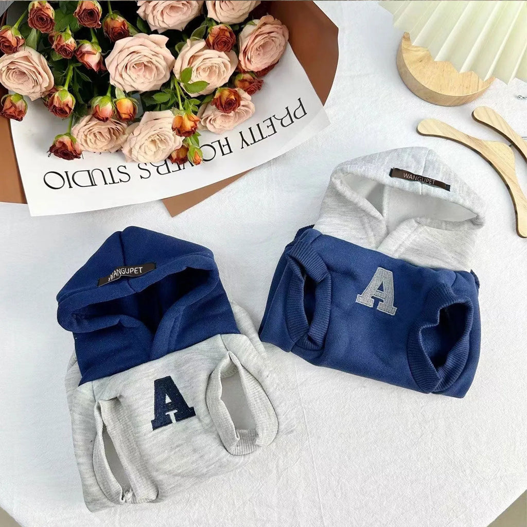 Blue and gray white pet hoodie with reflective lettering for cats and dogs