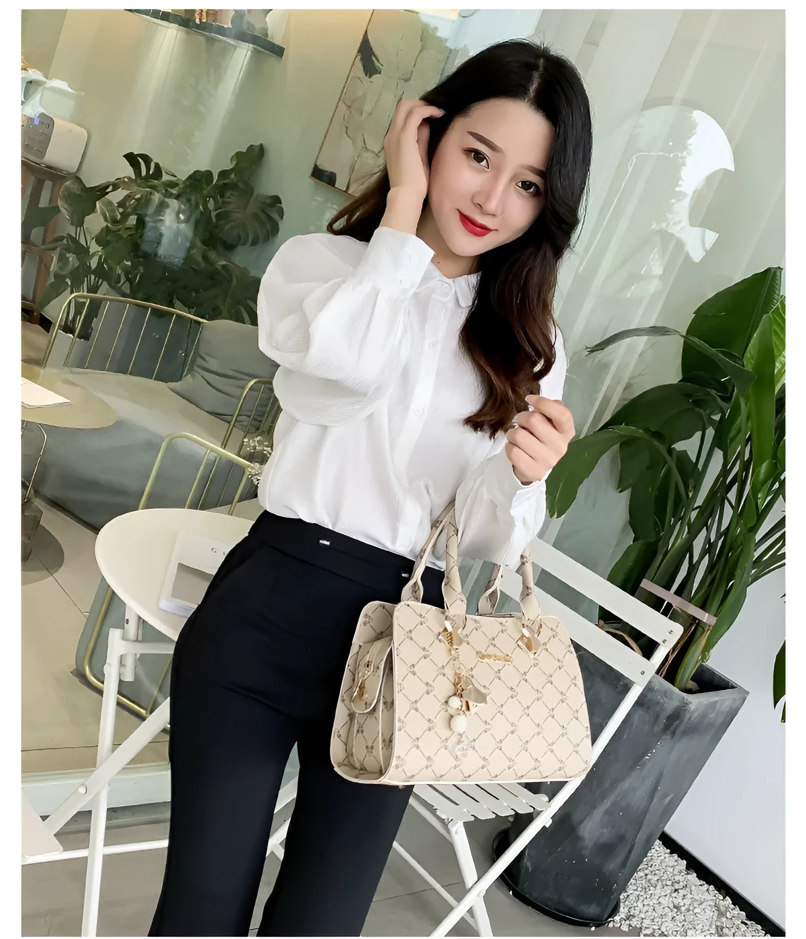 Women's geometric pattern PU leather messenger bag with zipper closure showing internal card slots and phone pocket.