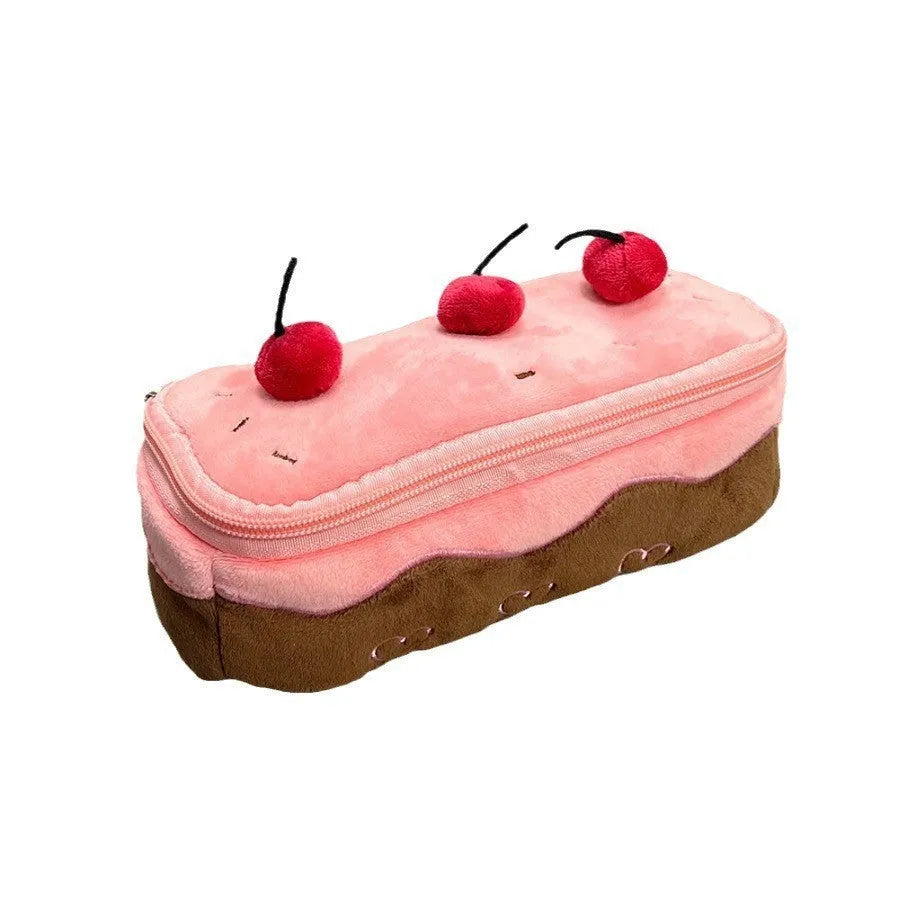 Cherry Cake plush design velvet pencil case with zip closure, Korean style