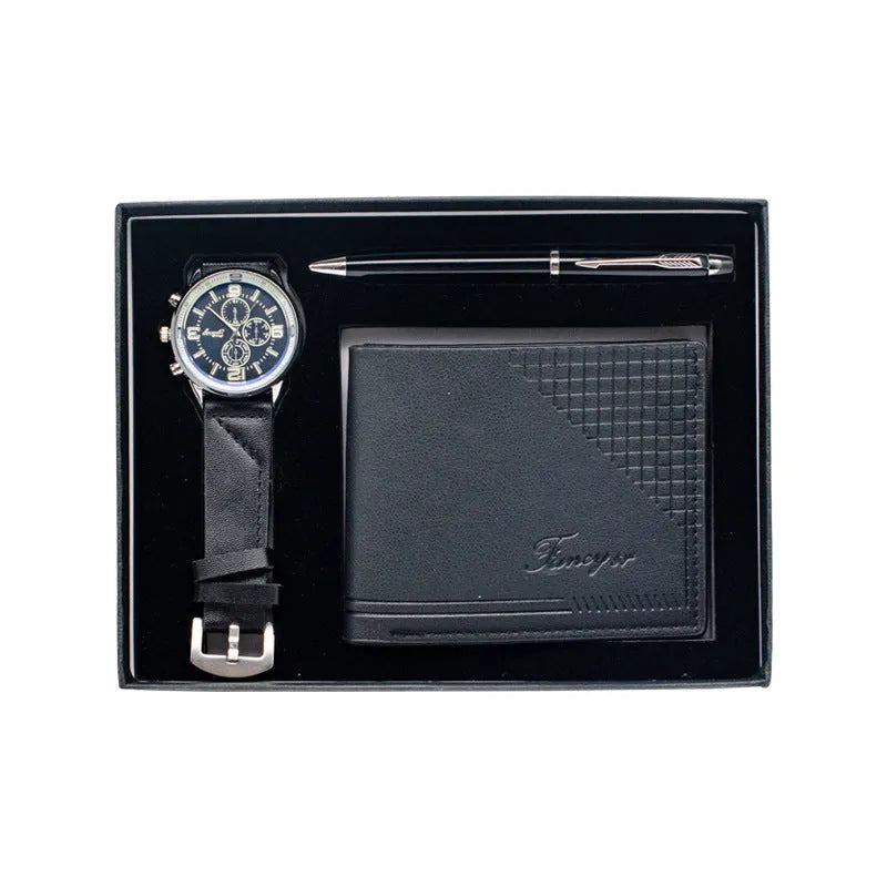 4-piece business gift set containing watch wallet and pen in brown or black gift box