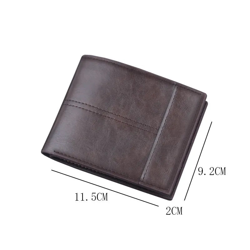 Men's short clip wallet in PU, 11.5 x 9.2 x 2cm, two-fold horizontal design, shown in black, dark brown and light brown