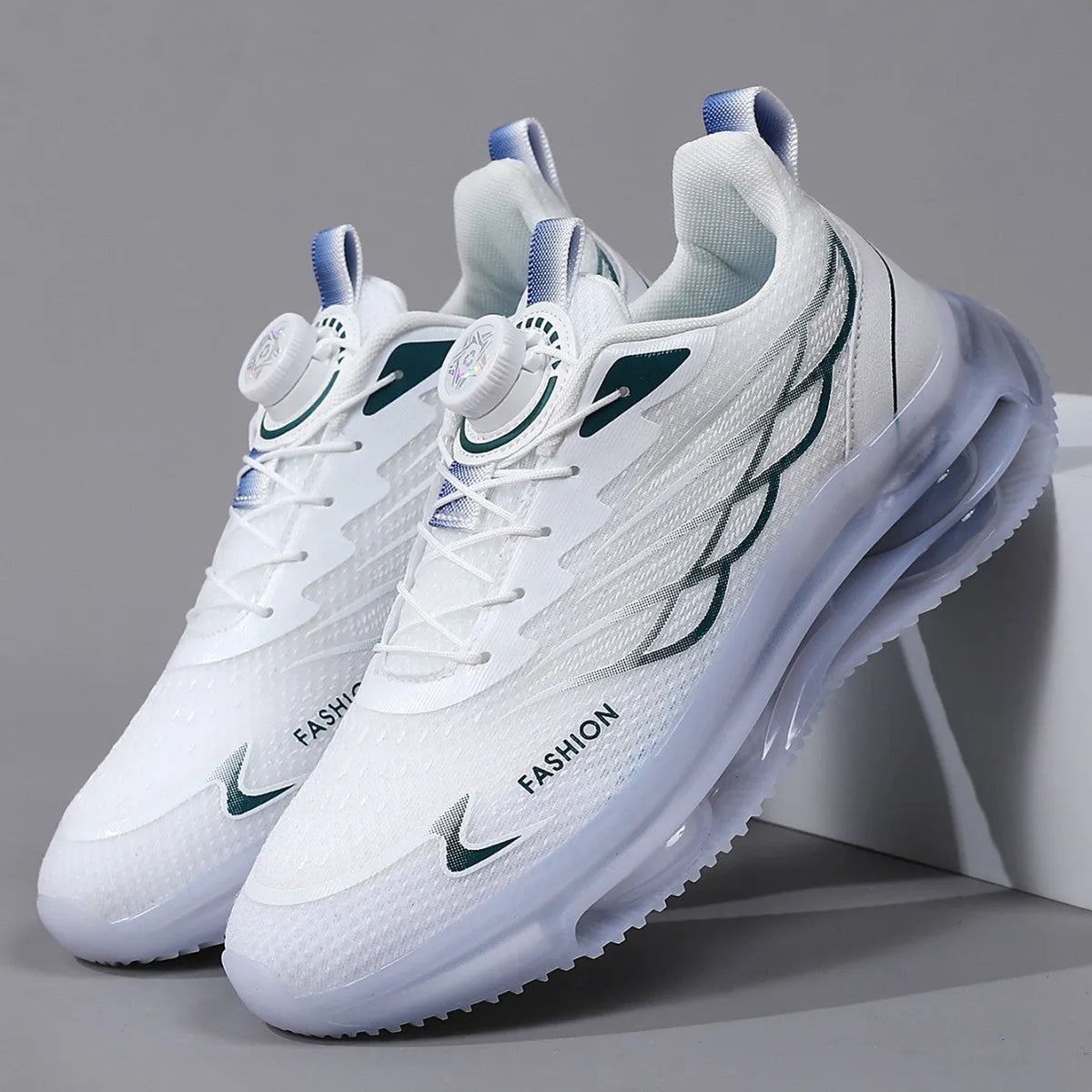 White men's low-top casual running shoes with rotating button closure and mesh upper.