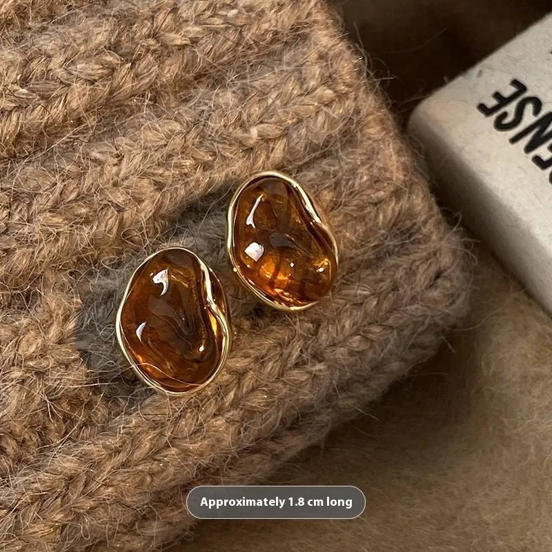 Handmade alloy geometric ear rings with electroplating in Maillard Amber and Tigereye styles featuring tassel details