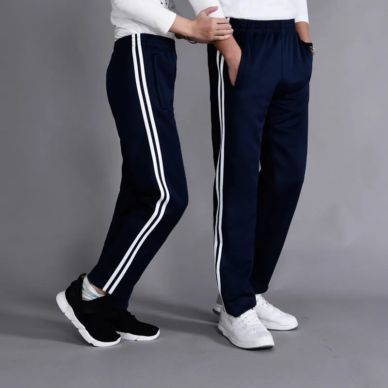 Black middle school uniform pants with two horizontal stripes, straight-leg, mid waist, sizes M-5XL