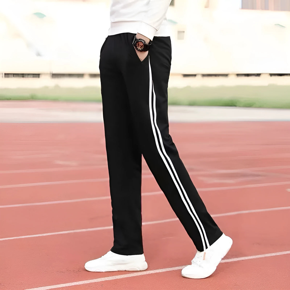 Black middle school uniform pants with two horizontal stripes, straight-leg, mid waist, sizes M-5XL