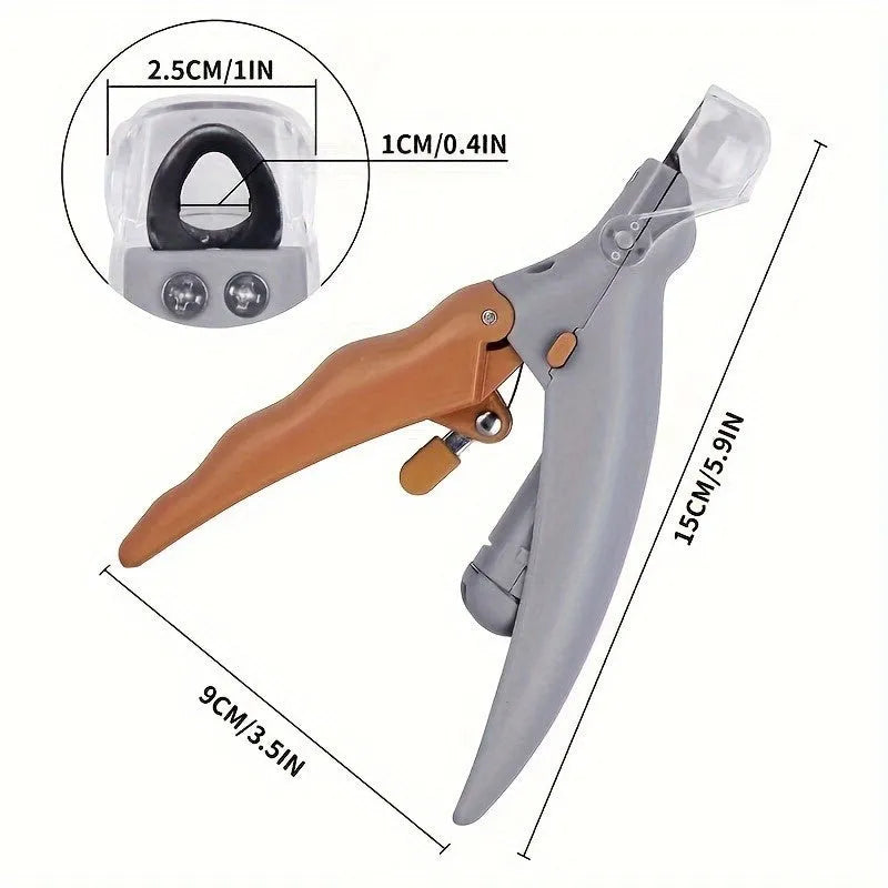 Yellow LED pet nail trimmer with magnifying glass and light for trimming cat and dog nails.