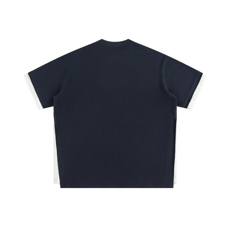 Retro alphabet embroidered waffle knit T-shirt in loose-fitting casual style