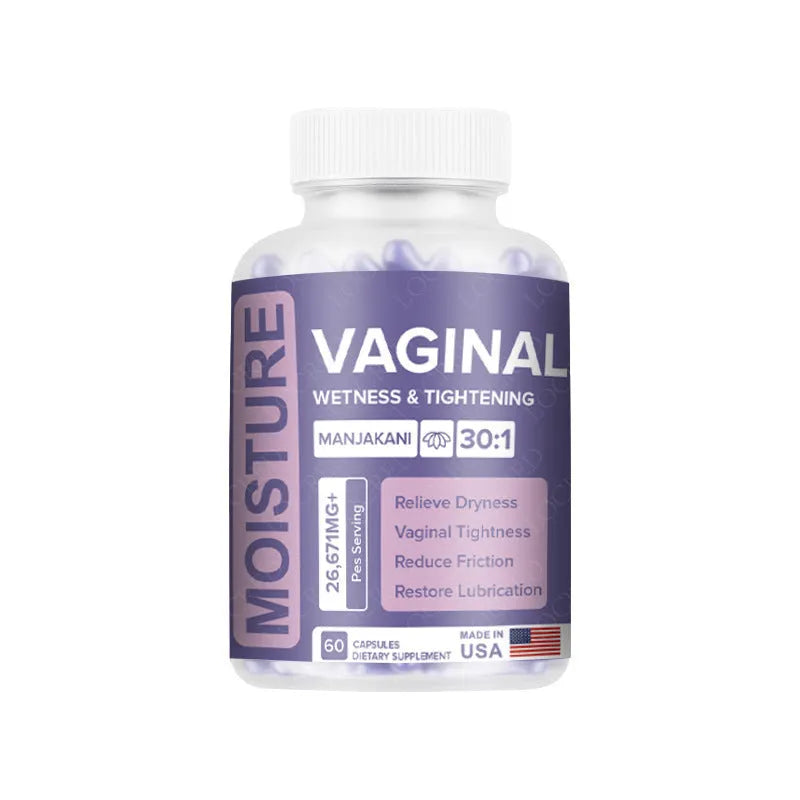 Bottle of 60 vaginal capsule supplements for adult women's intimate health