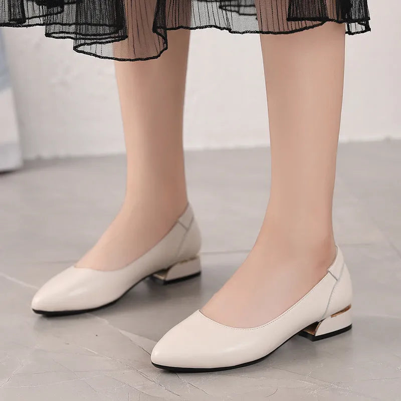 Women's beige first layer cowhide flat pointed low-cut shoe with buckle fastening and rubber sole, sizes 32-43