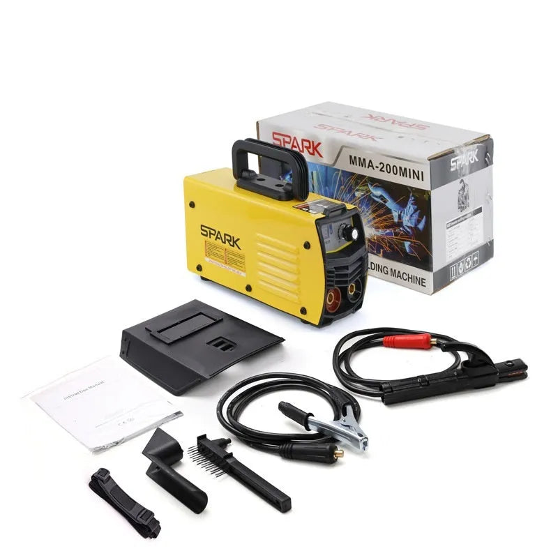 MMA-200MIN 220V DC inverter welding machine with welding tongs, grounding clamps, face shield, and brush hangers
