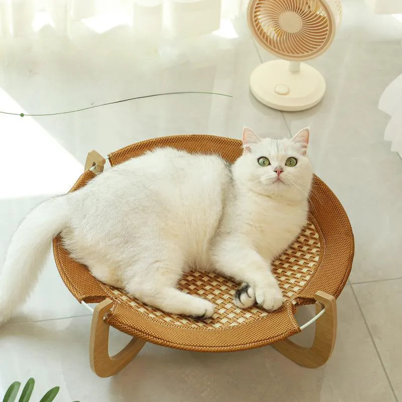 Brown woven rattan pet hammock bed measuring 46cm square with 17.5cm height elevation