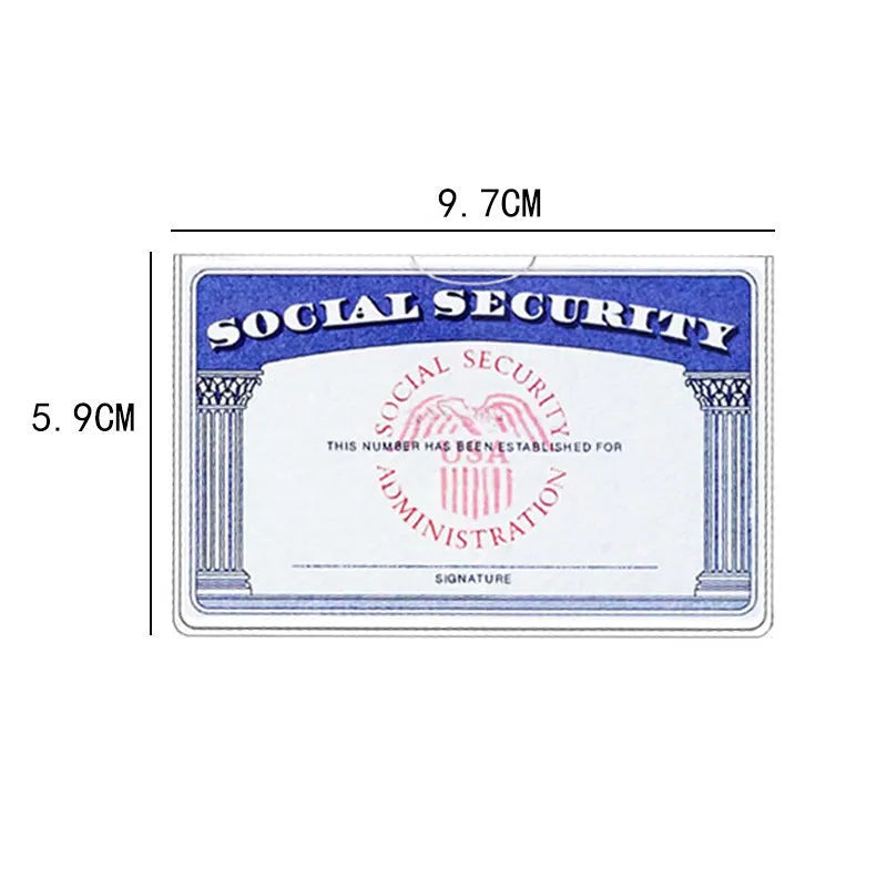 Clear PVC social security card holder measuring 9.7 by 5.9 centimetres