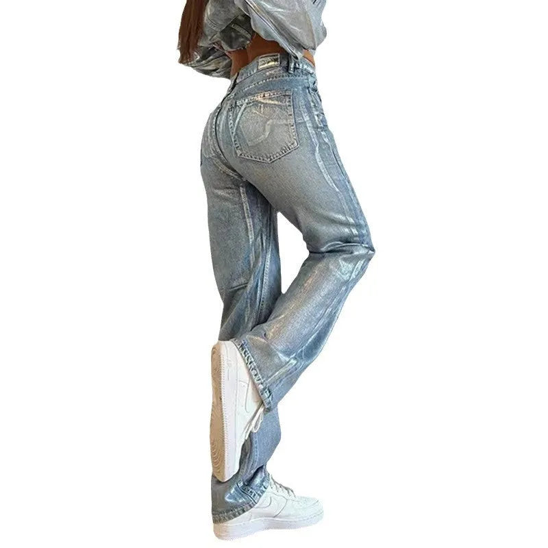 Washed blue straight leg jeans with high waist and contrast colour details on mannequin