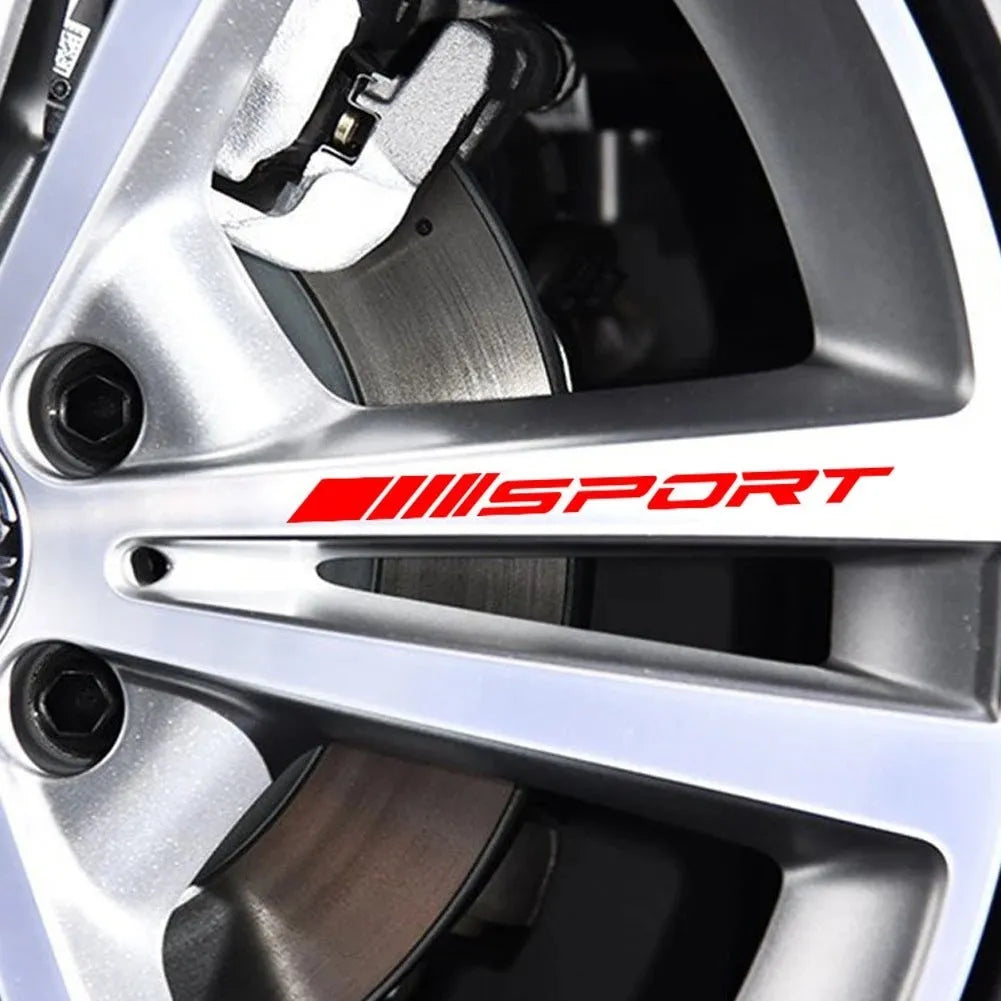 Hollow sports design car rim stickers in black, red, and white on PET vinyl sheet
