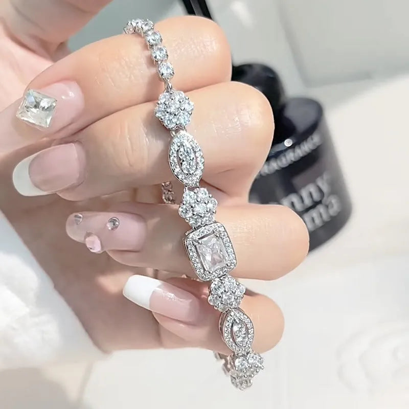 Women's geometric silver bracelet with zircon stones in two size options