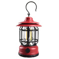 Portable dark green head lamp camping lantern shown on a table with super bright LED light on.