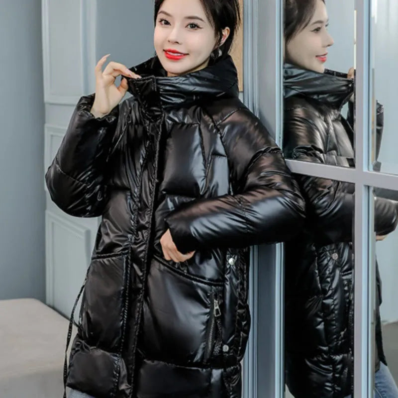 Women's loose thick hooded winter jacket in acrylic polyester blend available in four colours