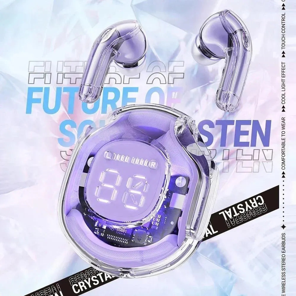 Transparent wireless Bluetooth in-ear headset shown in white, black, pink, sky blue, or violet colours