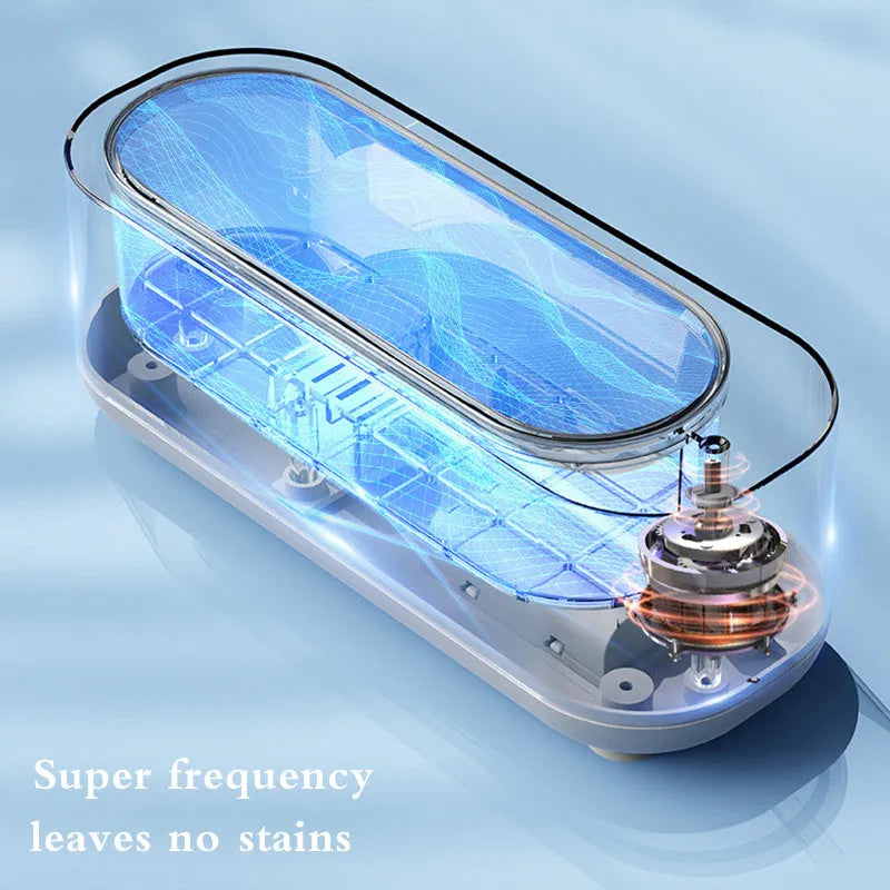 Off-white ultrasonic cleaning machine with 45000Hz vibration and SUS 304 stainless steel tank for jewellery, glasses, and watches.