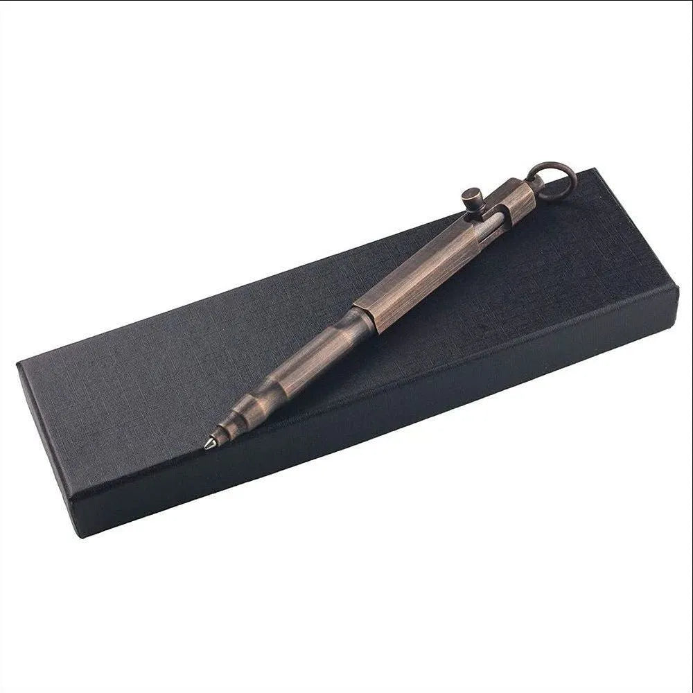 Brass hexagonal bolt tactical pen with machine gun design in natural brass or vintage black finish.