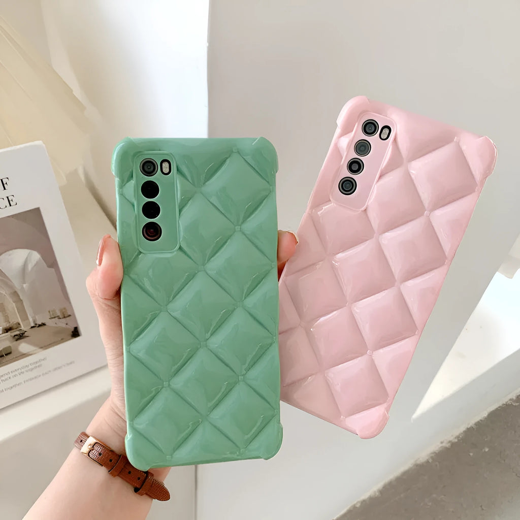 A solid colour silicone back cover case for a Huawei mobile phone, shown in black, green, pink, and white colour options.