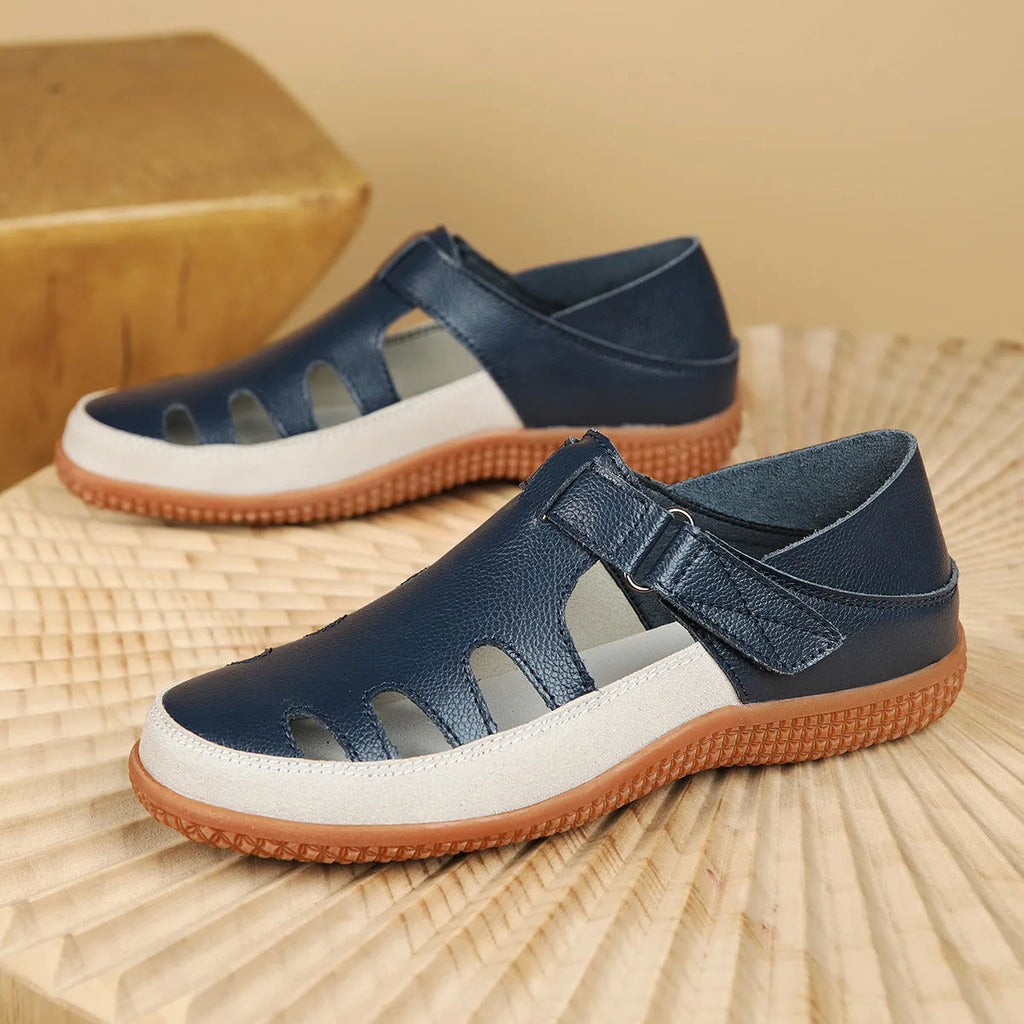 Women's plus size flat heel sandals with toe cap hollow breathable design in blue colour