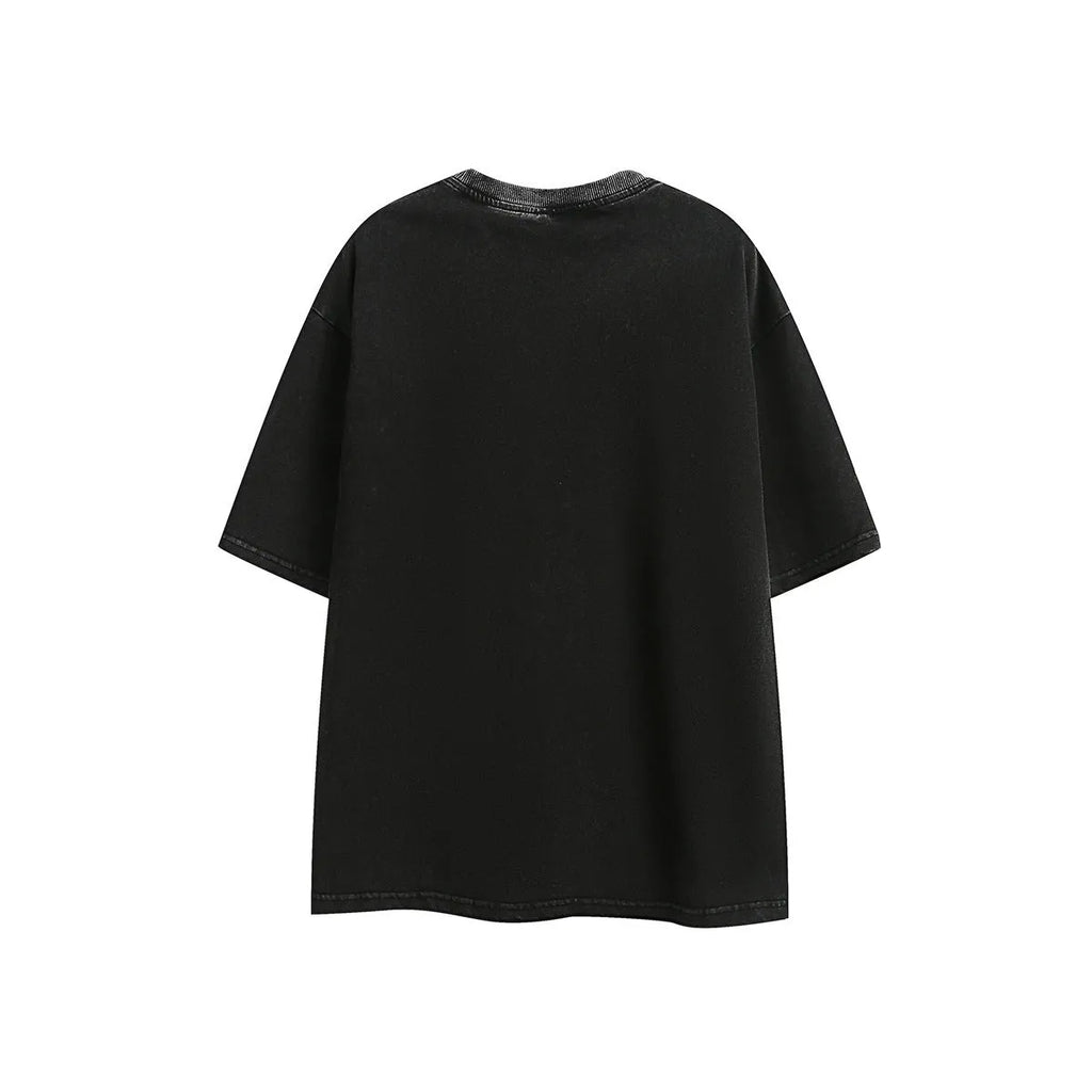 Purple and black loose-fit cotton t-shirt with retro half-sleeve design on hanger