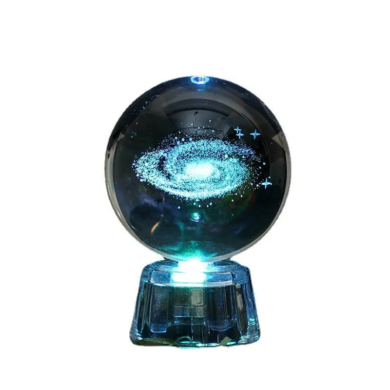 Transparent luminous crystal ball ornament with inner carving on fixed base