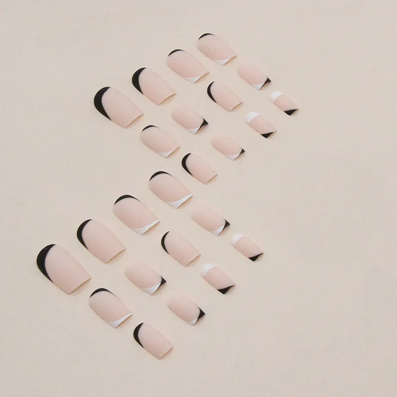 Black and white frosted nail wraps with mandarin duck colour design for French manicure styling