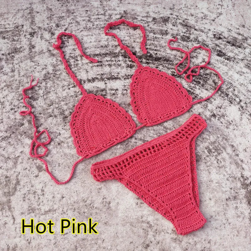Handmade crochet bikini swimsuit set with matching beach skirt in acrylic fabric