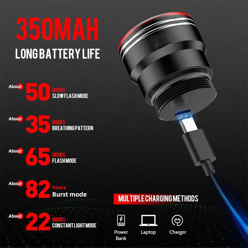 Black aluminium alloy smart brake sensing USB charging taillight for bicycles.