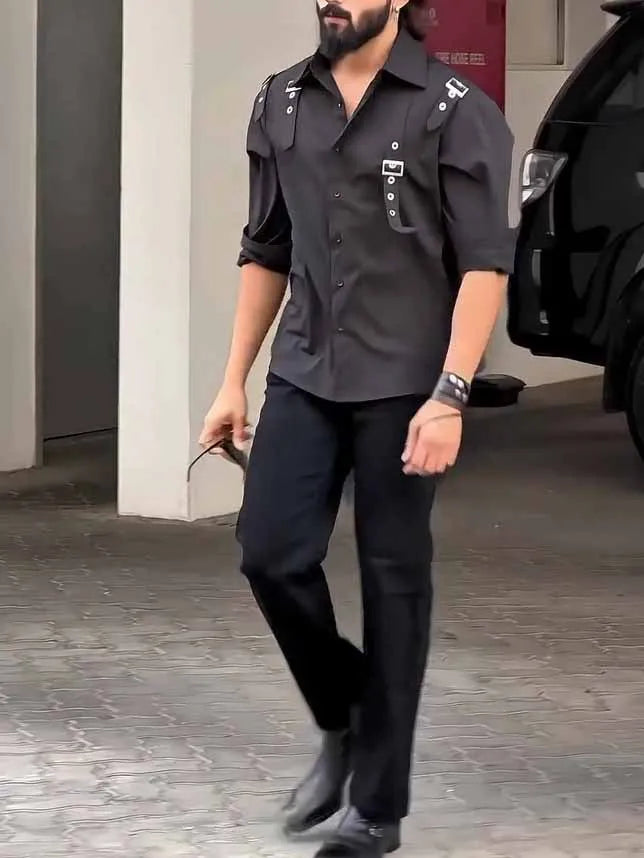 Men's black utility-style button-up shirt made from polyester fabric on a hanger