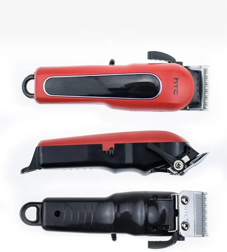 Professional cordless electric hair clipper with brushless motor and four comb attachments on a white background