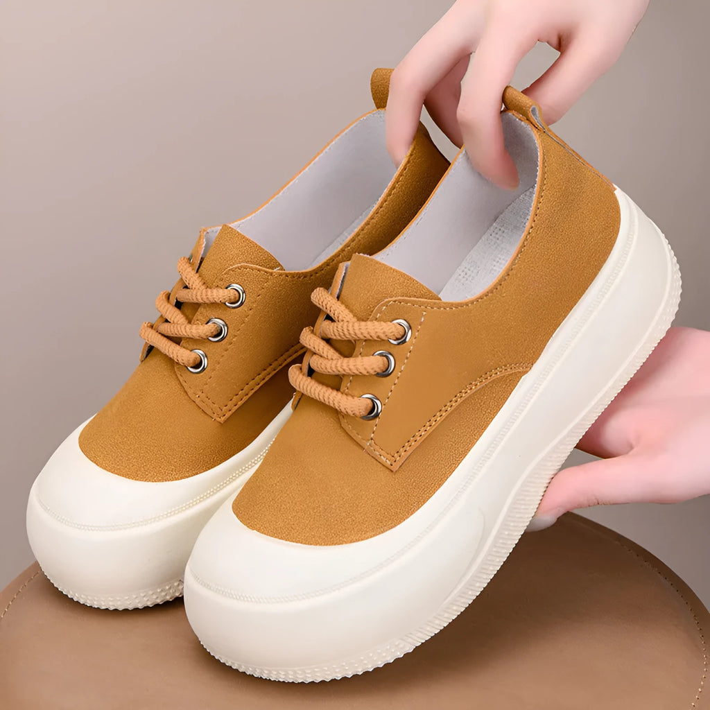 Women's camel suede platform loafers with round toe and lace-up front on flat 4cm heel