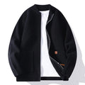 Men's striped sweater cardigan jacket in beige, grey, black, red, or green colour options on a hanger.