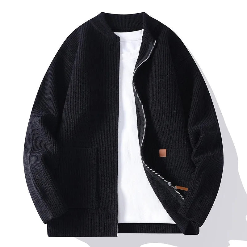 Men's striped sweater cardigan jacket in beige, grey, black, red, or green colour options on a hanger.