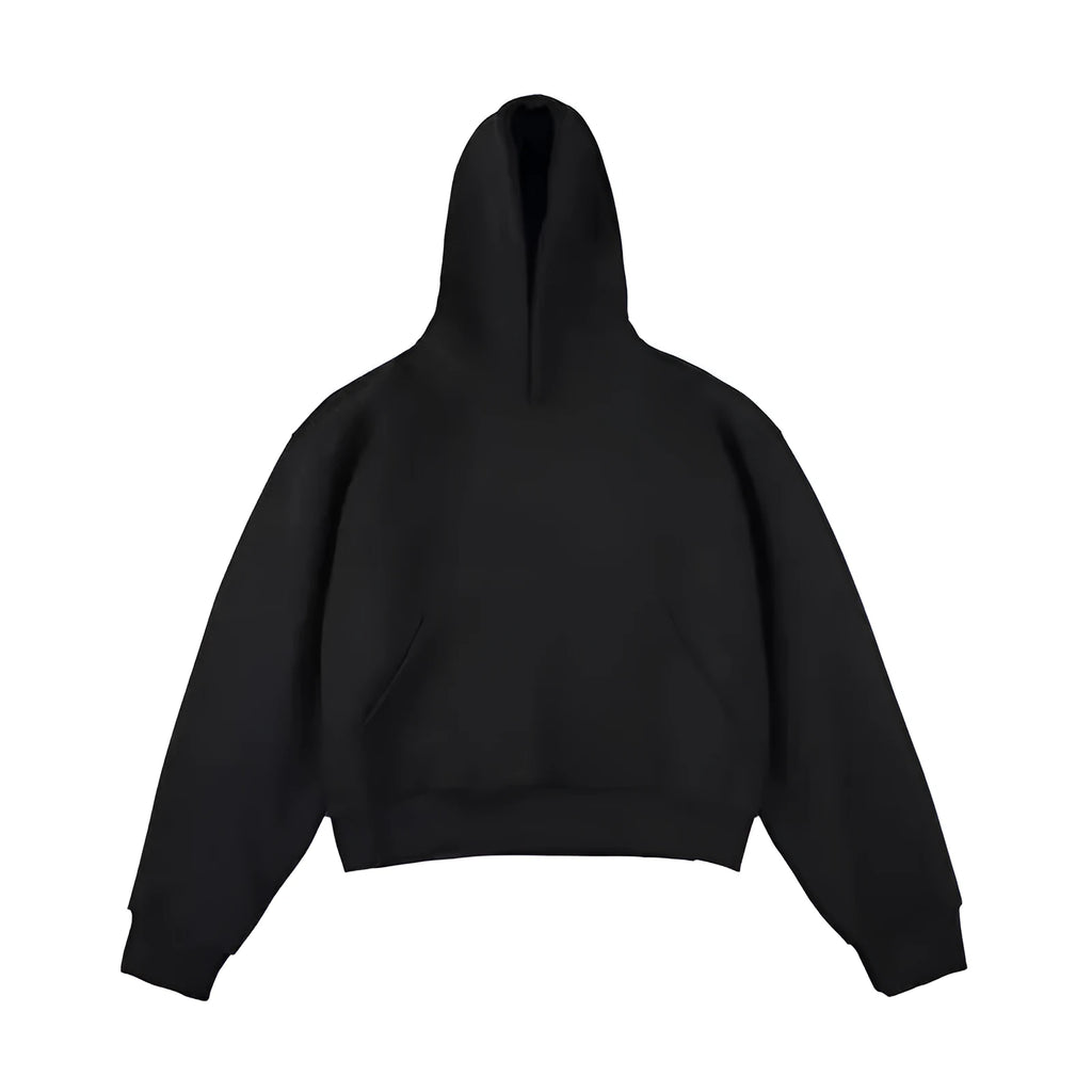 Short black Chinese cotton silver fox velvet hooded sweater with removable hood on a model.