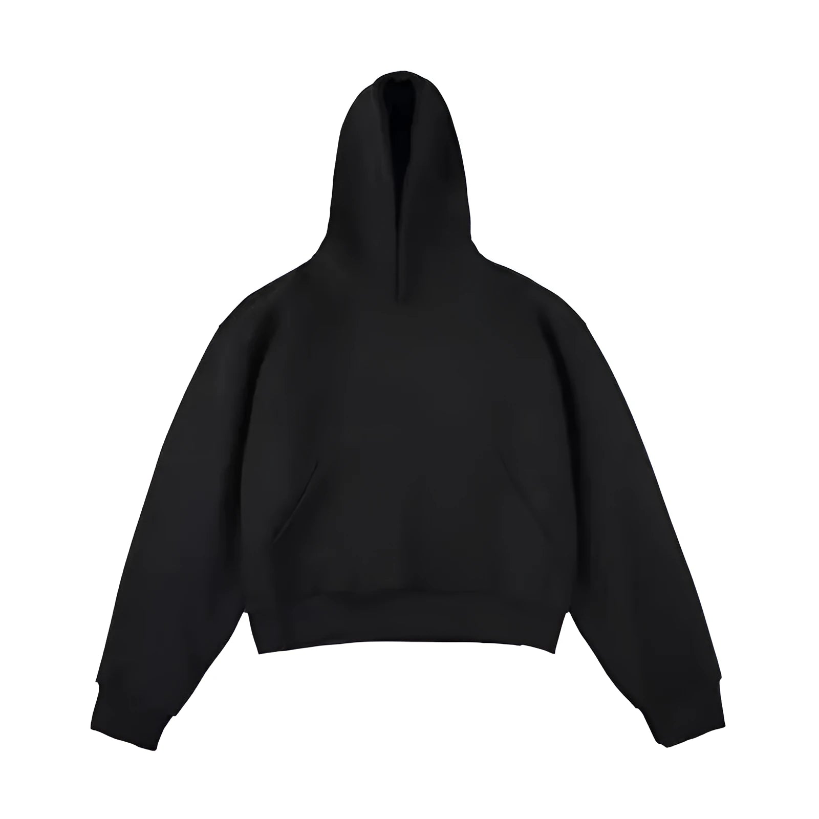 Short black Chinese cotton silver fox velvet hooded sweater with removable hood on a model.