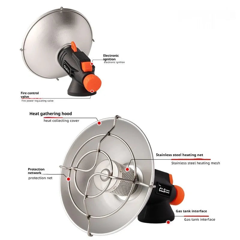 Black and orange portable camping heating stove with automatic ignition, stainless steel construction
