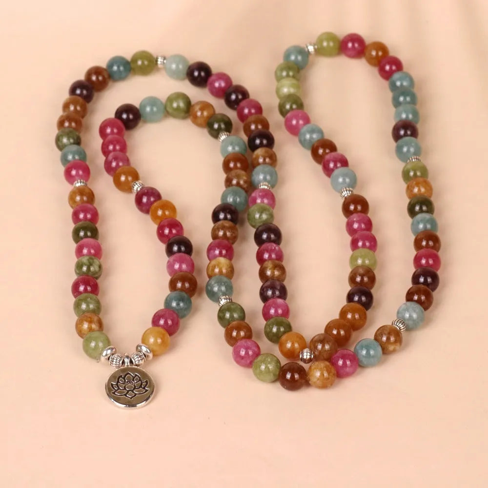 Tourmaline-colour lotus bead multi-layer bracelet with 108 beads on alloy string