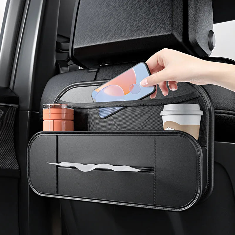 Black leather car seat rear storage bag with dimensions 36x8x24cm showing customisable compartments