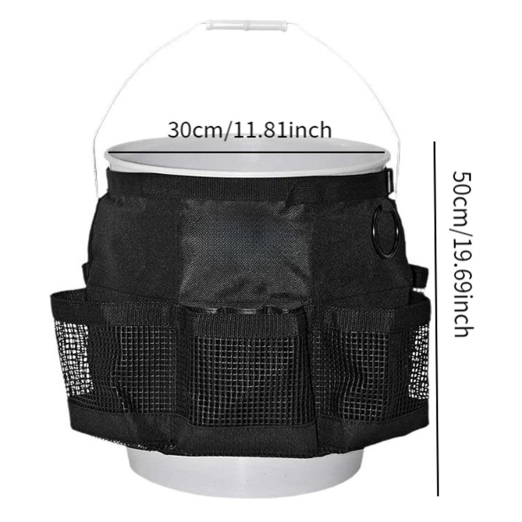 Black polyester cylindrical hanging storage bag designed for 5 gallon barrels