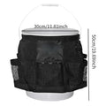 Black polyester cylindrical hanging storage bag designed for 5 gallon barrels