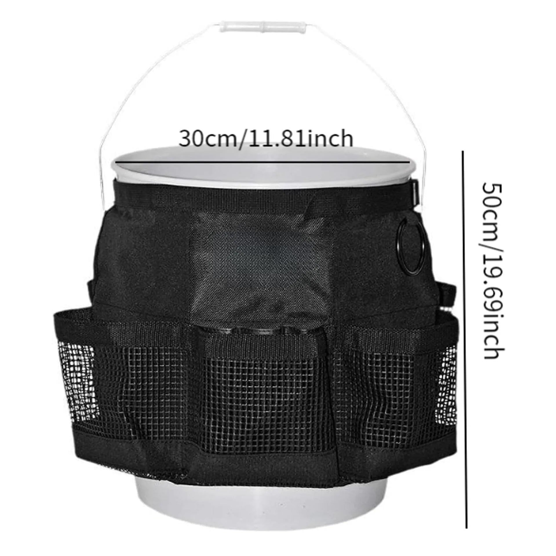 Black polyester cylindrical hanging storage bag designed for 5 gallon barrels