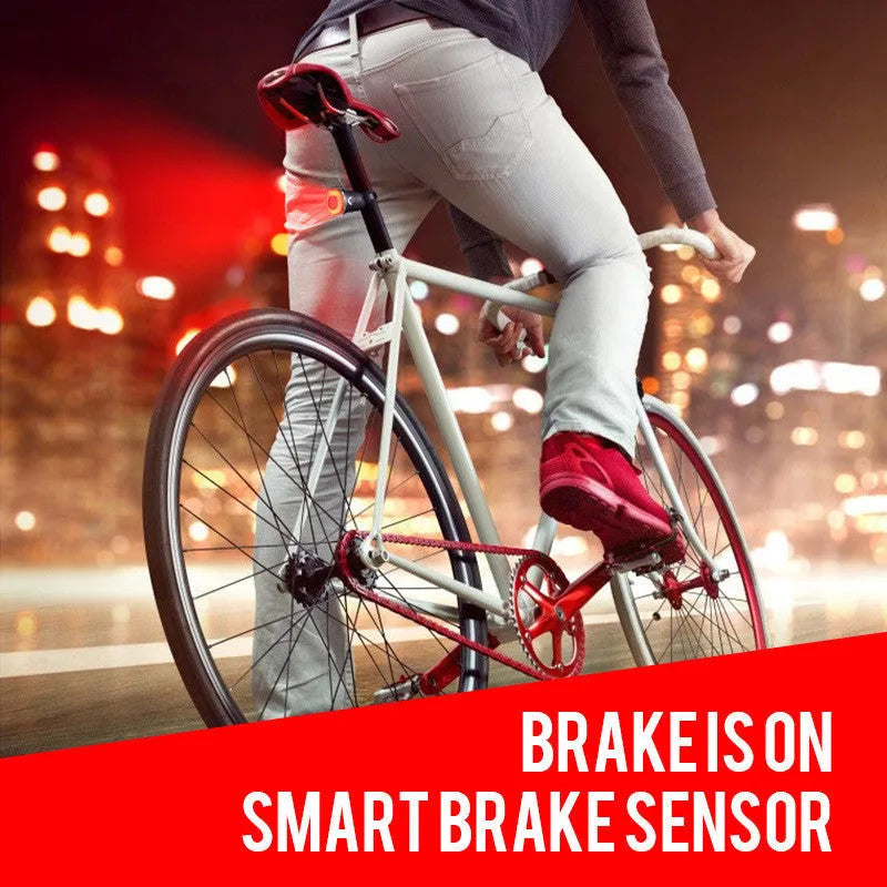 Black aluminium alloy smart brake sensing USB charging taillight for bicycles.