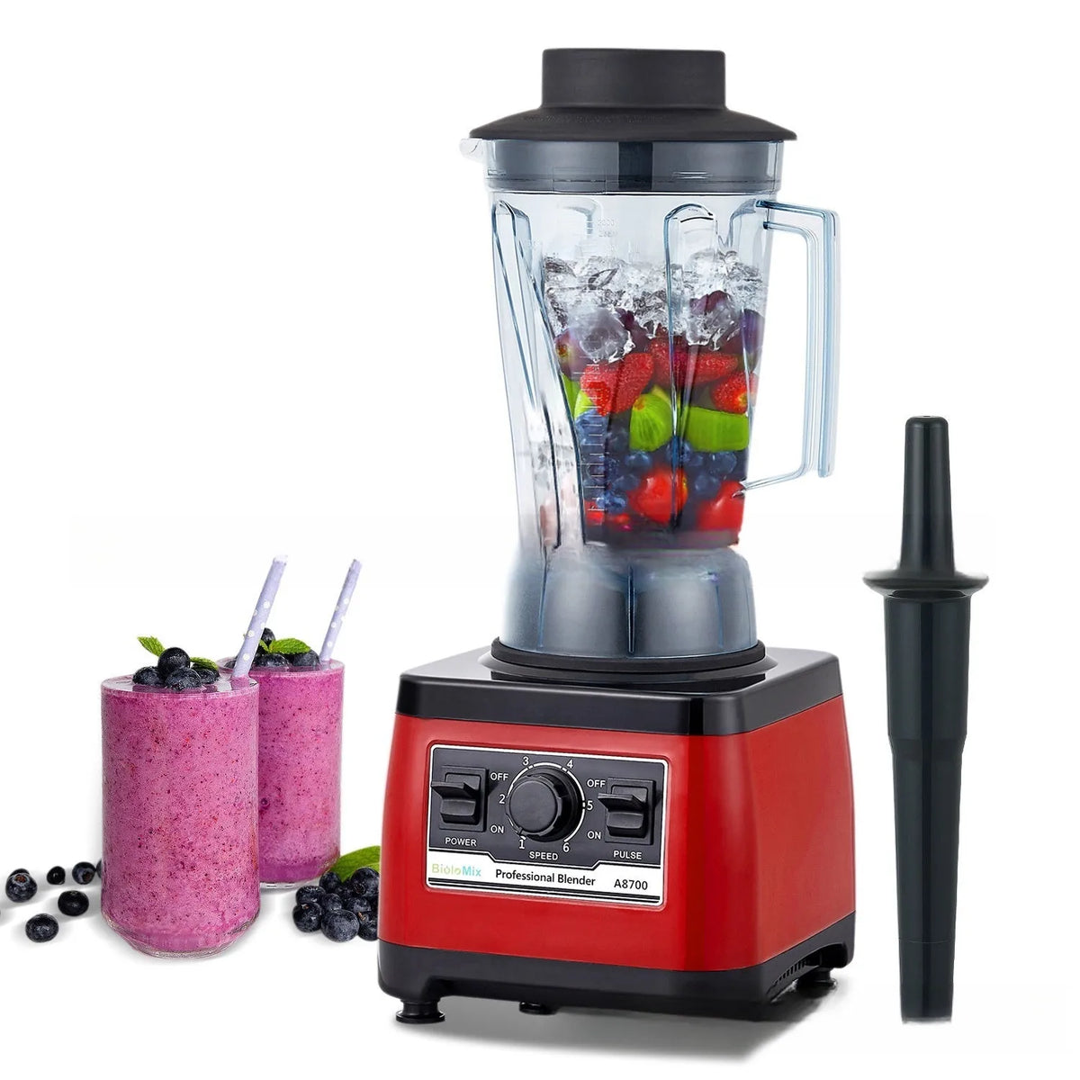 Red commercial blender with 2200W motor and 2-litre jug for industrial kitchen use.
